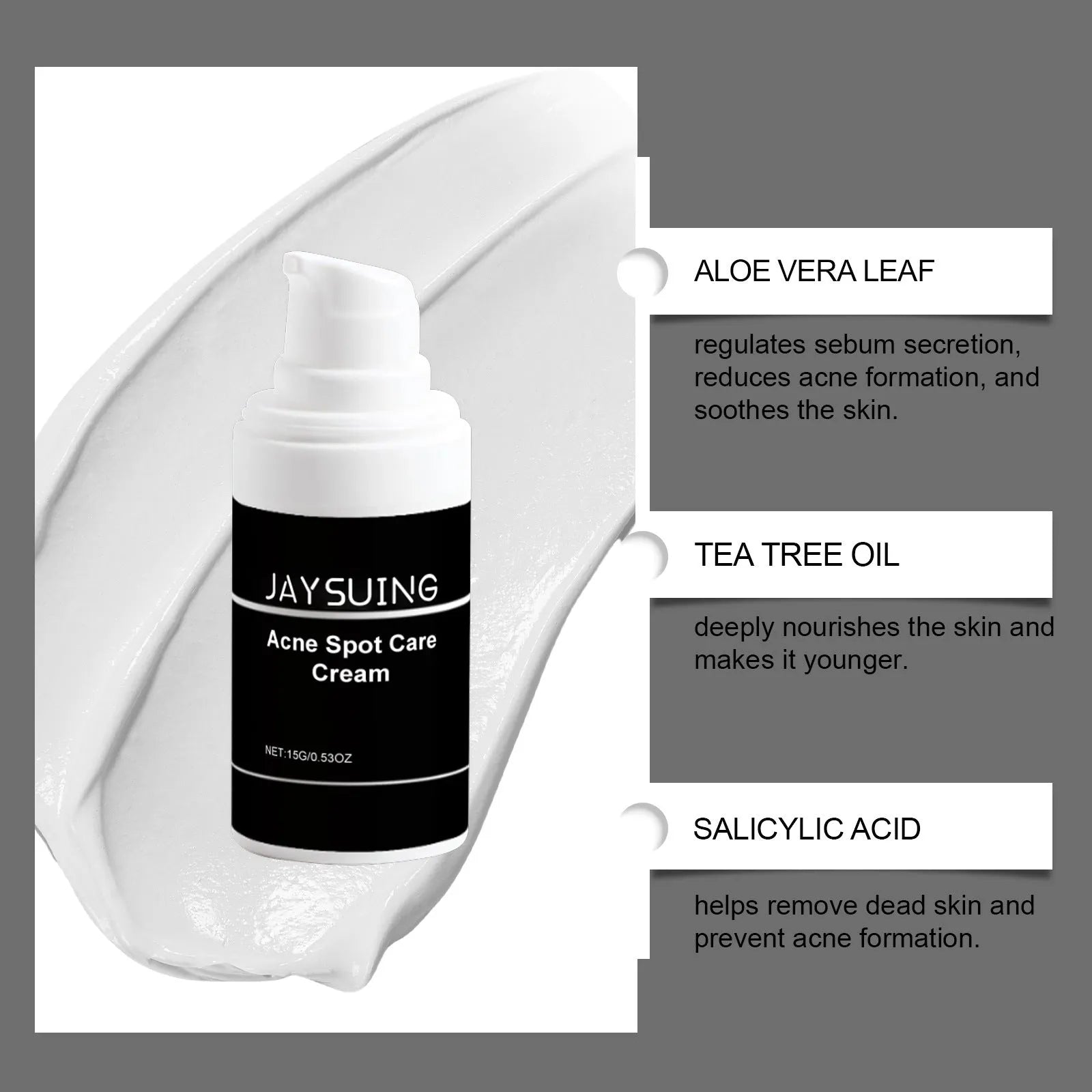 15g container of acne removing face cream with mint leaf, tea tree oil, and aloe ingredients