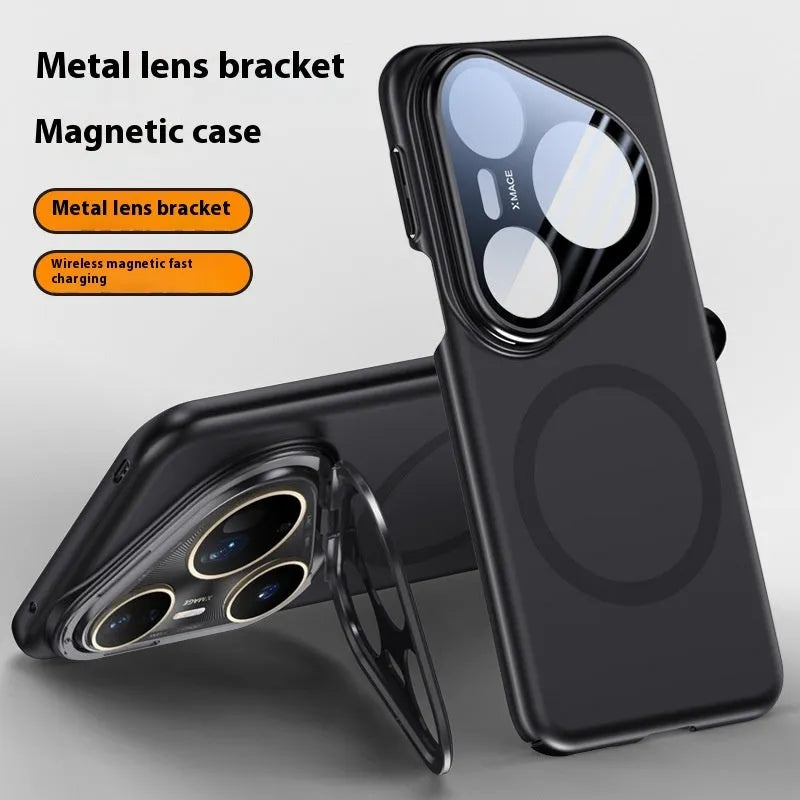 Huawei P80 Pro magnetic lens bracket phone case in frosted black finish showing back-mounted bracket