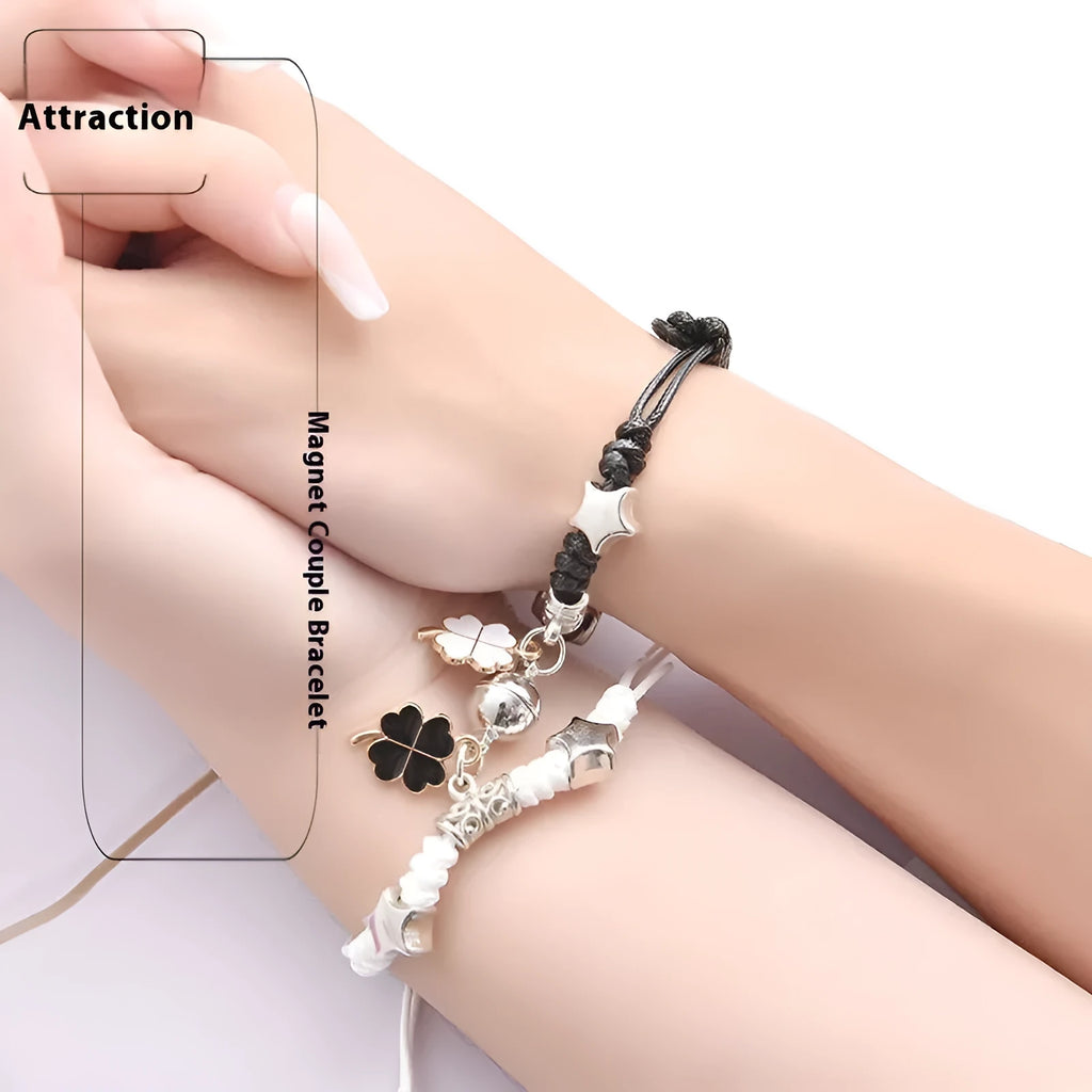 Magnet couple bracelets with electroplated finish showing magnetic clasp and symbolic design options