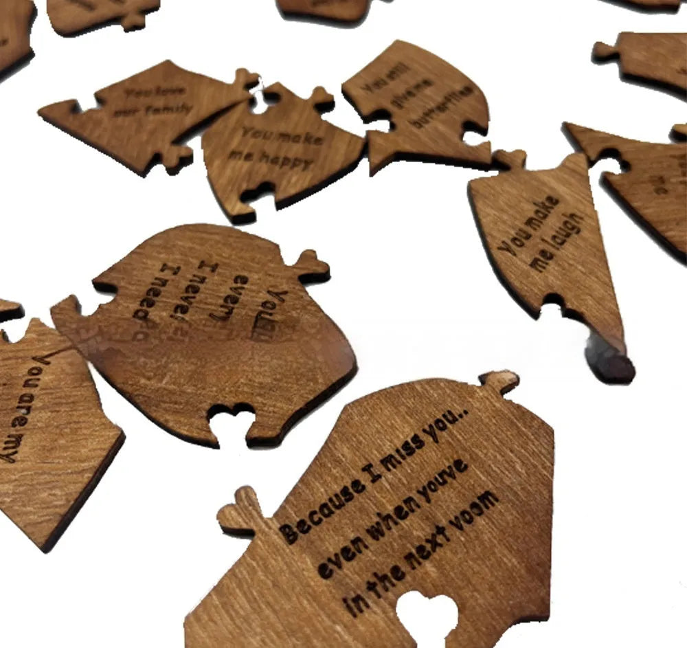 Reasons Why I Love You wooden heart puzzle with light brown colour and 20 love messages