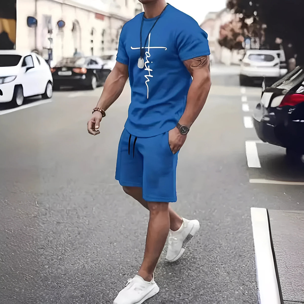 Casual sports suit round neck short sleeve 3D digital print two-piece set polyester fibre summer