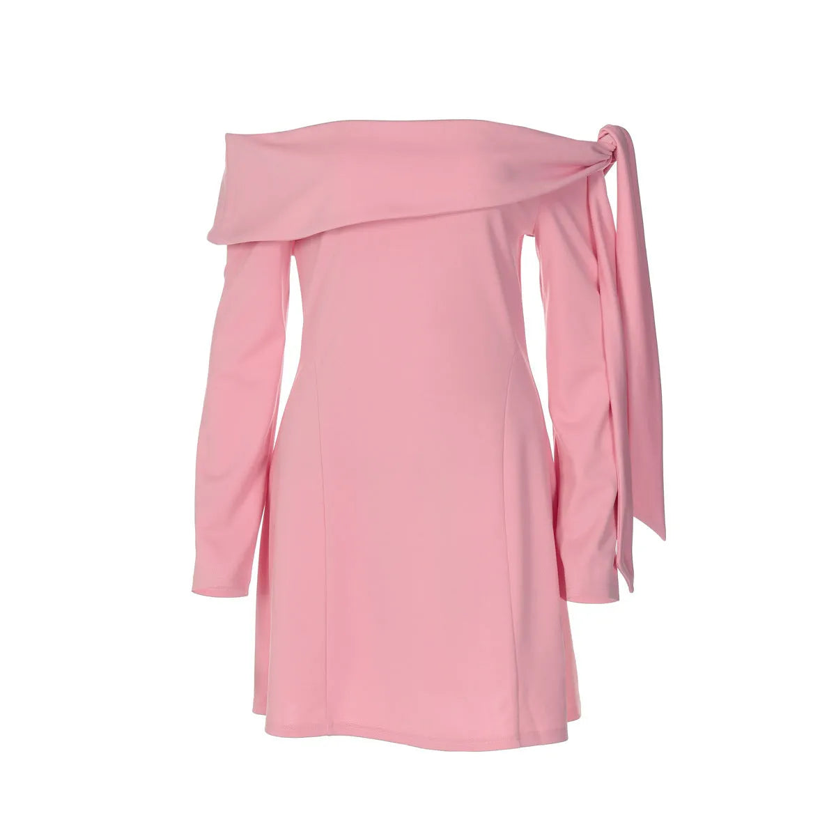 Women's off-shoulder slim-fit long-sleeved dress in pink polyester with short skirt