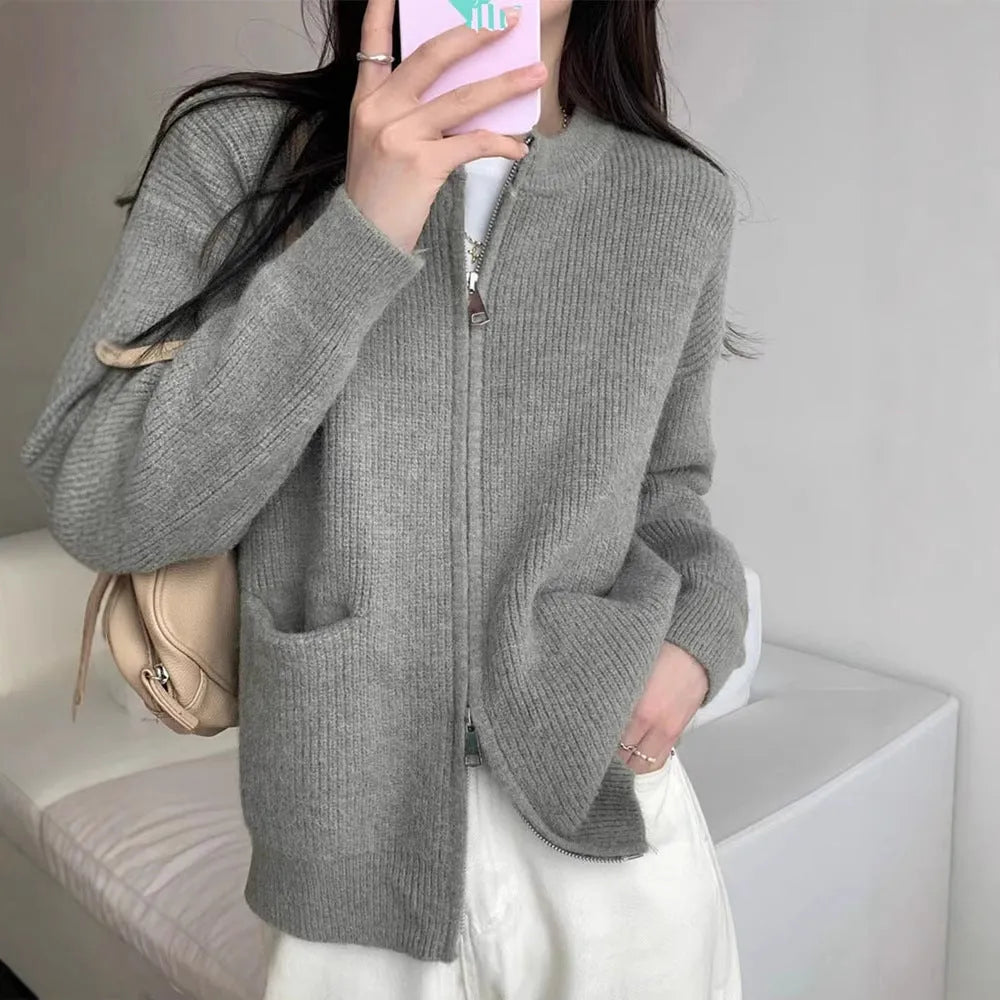 Beige viscose fibre sweater coat with long sleeves cardigan styling