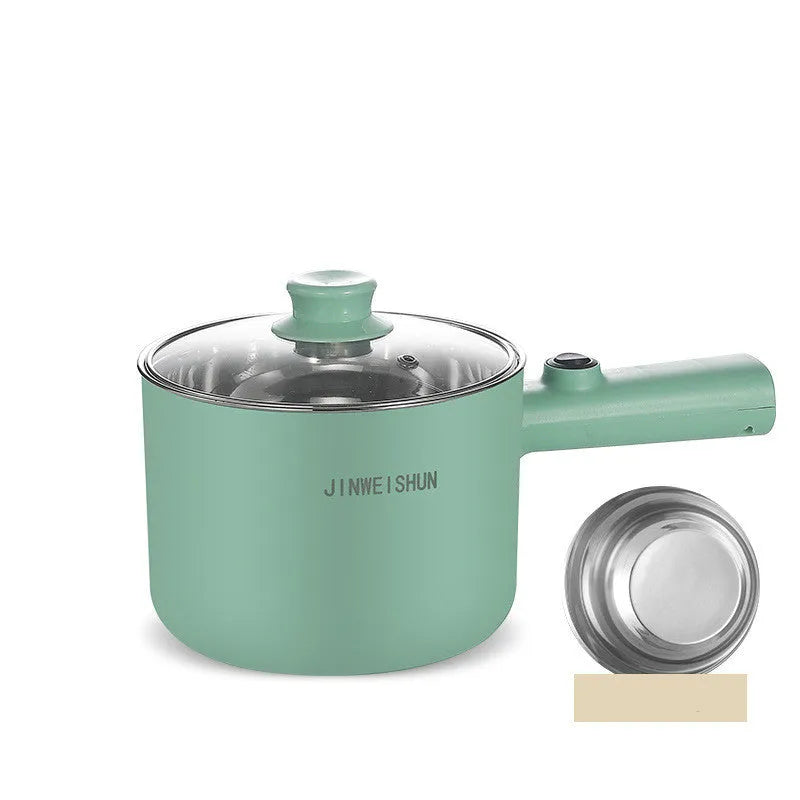 White, green, and khaki mini electric hot pot with non-stick interior and control panel.
