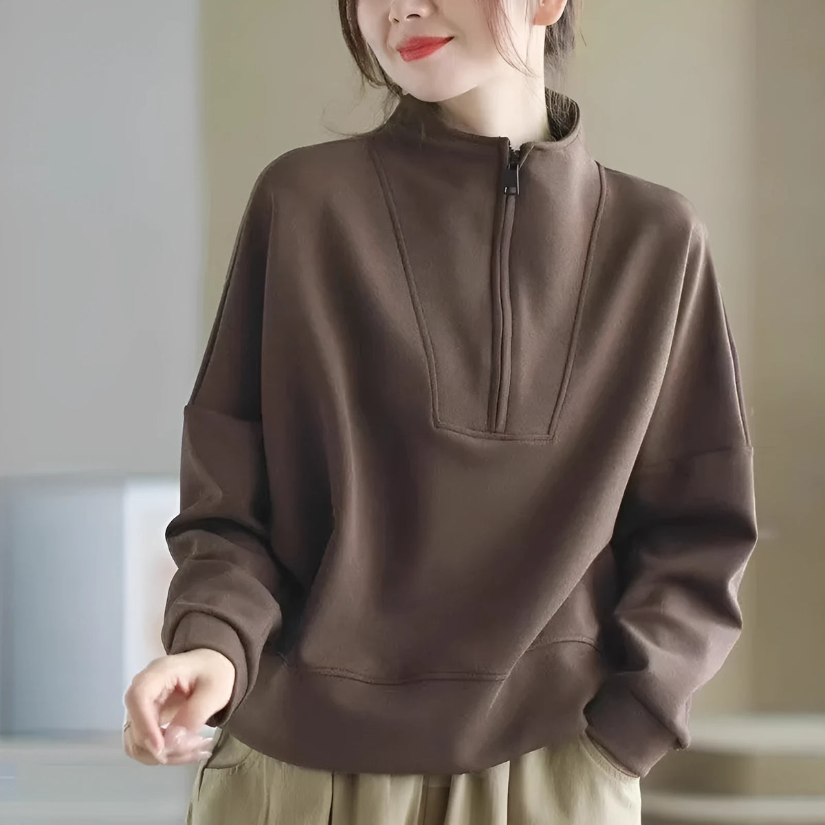 Plus size women's long sleeve short top in Dralon fabric, colour Brown, loose tunic cut, NORNS girl pattern