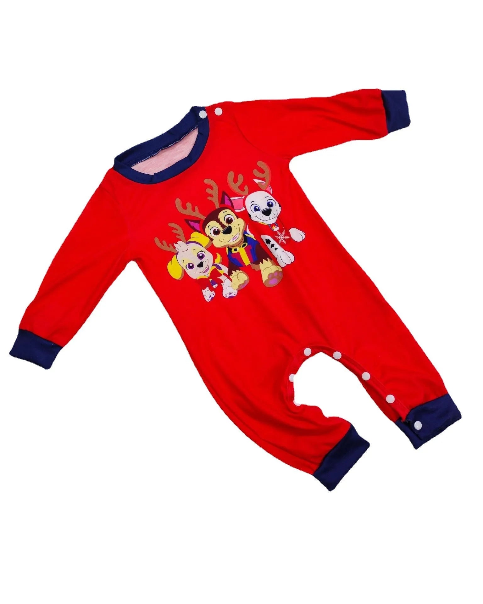 Red and black plaid Christmas pajama set with deer print, shown on matching family members including a dog.