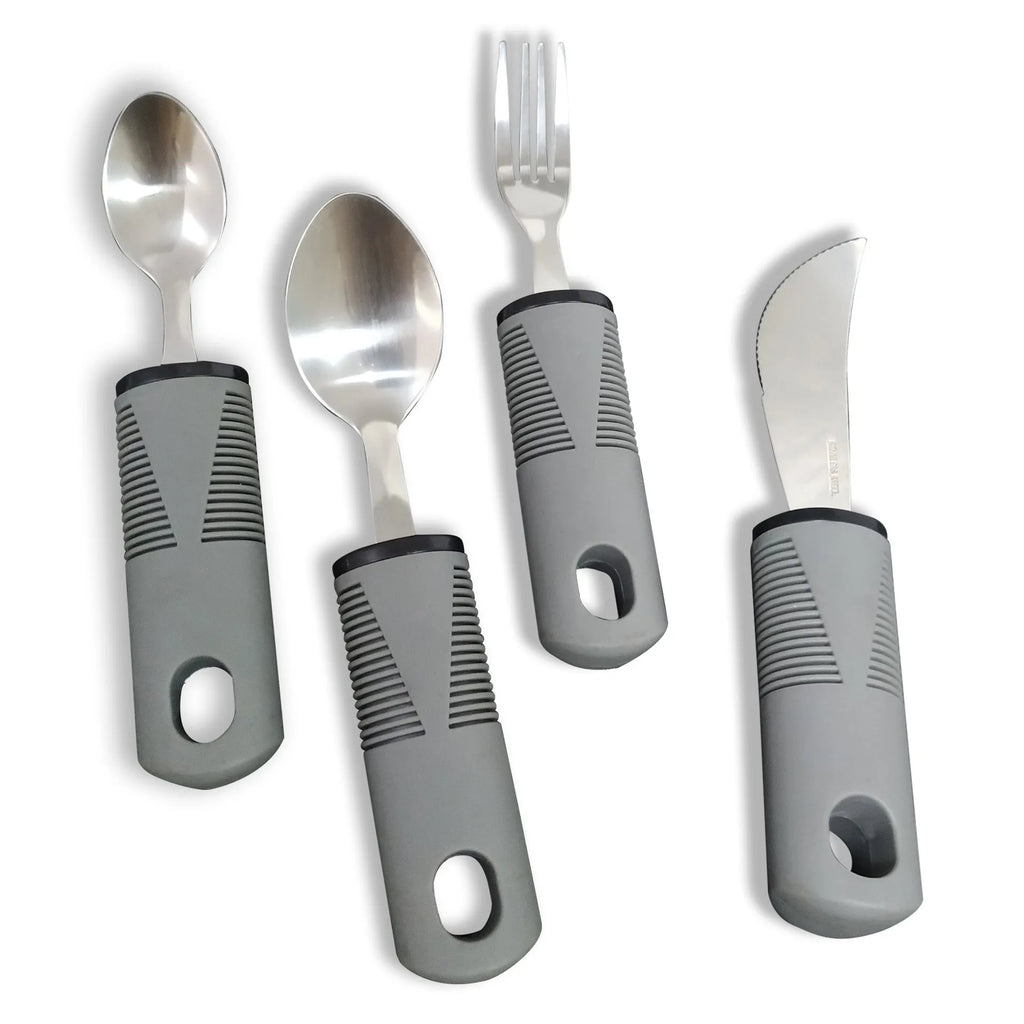 Stainless steel adaptive cutlery set with rubber handles for elderly or disabled users