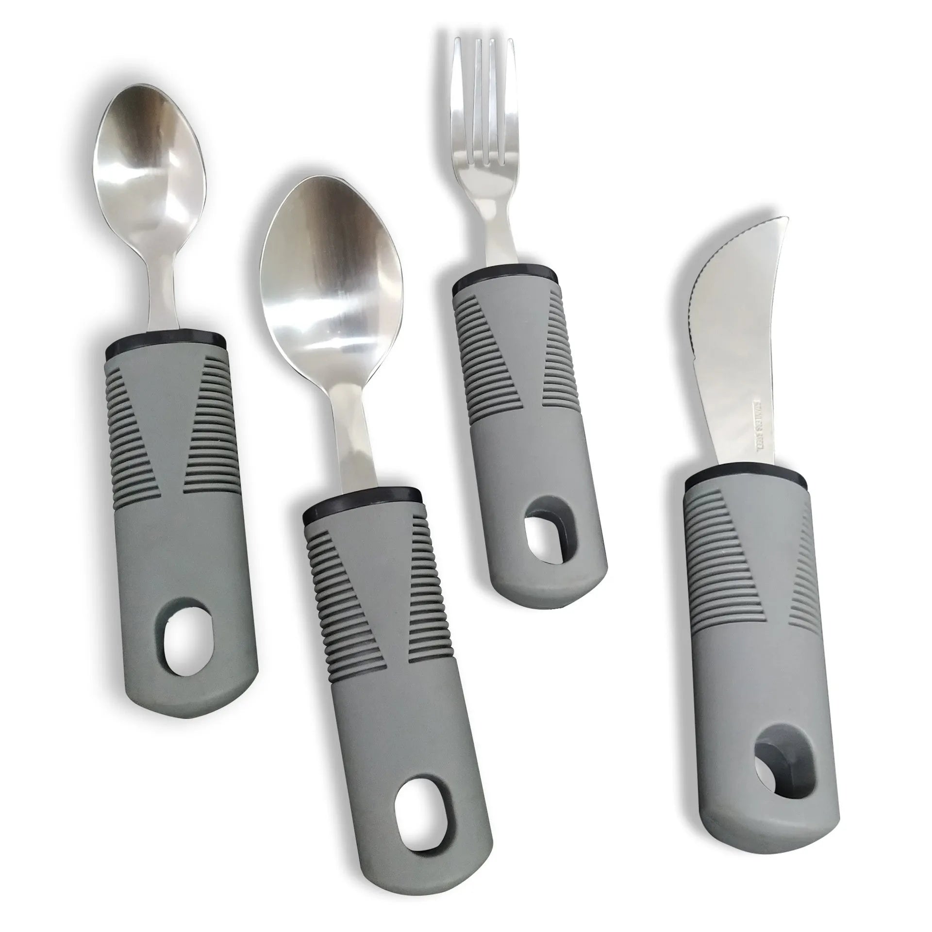 Stainless steel adaptive cutlery set with rubber handles for elderly or disabled users