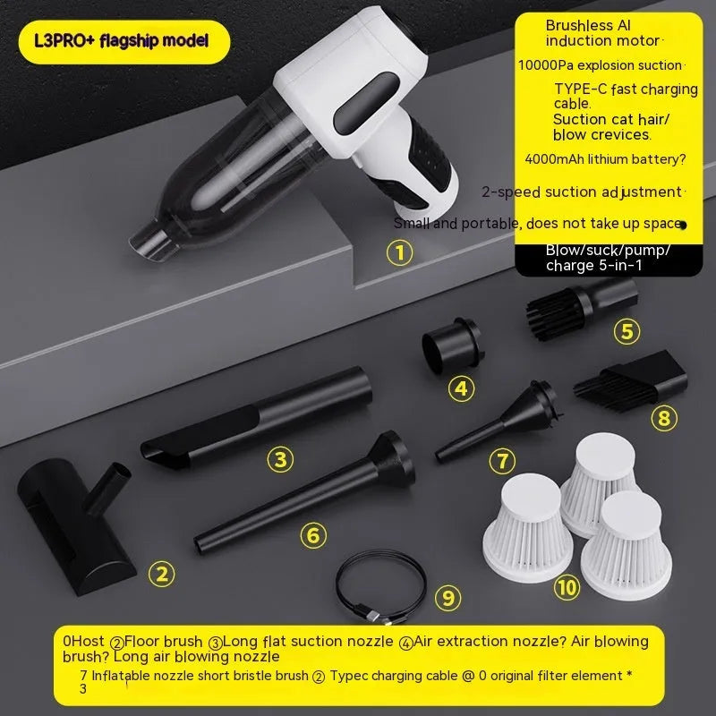 Black cordless handheld car vacuum cleaner with attached brush nozzle and charging cable.
