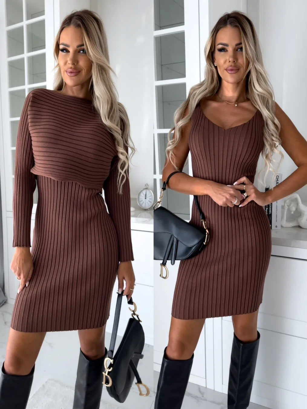 Women's two-piece suit set with long-sleeved top and tight suspender skirt in solid stripe polyester fabric for casual autumn winter wear