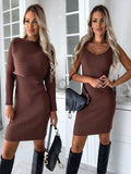 Women's two-piece suit set with long-sleeved top and tight suspender skirt in solid stripe polyester fabric for casual autumn winter wear