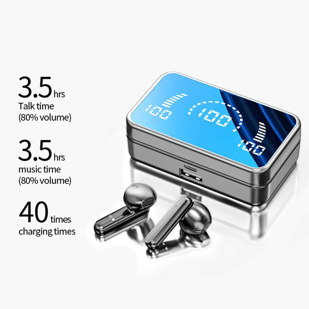 S20 black wireless Bluetooth earphones with LED display and in-ear fit