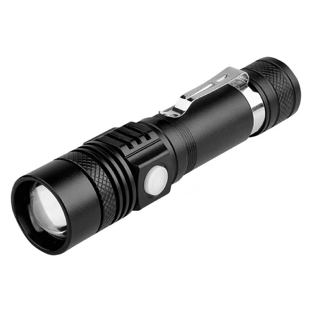 Telescopic zoom USB rechargeable T6 strong LED flashlight in black aluminium alloy body for outdoor use