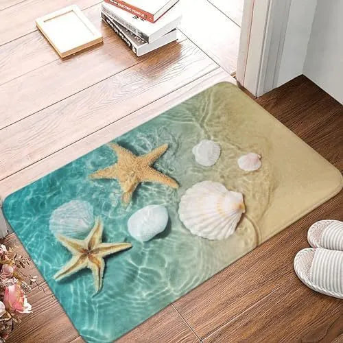 Household flannel floor mat with coastal beach starfish print, square shape, polyester fibre construction