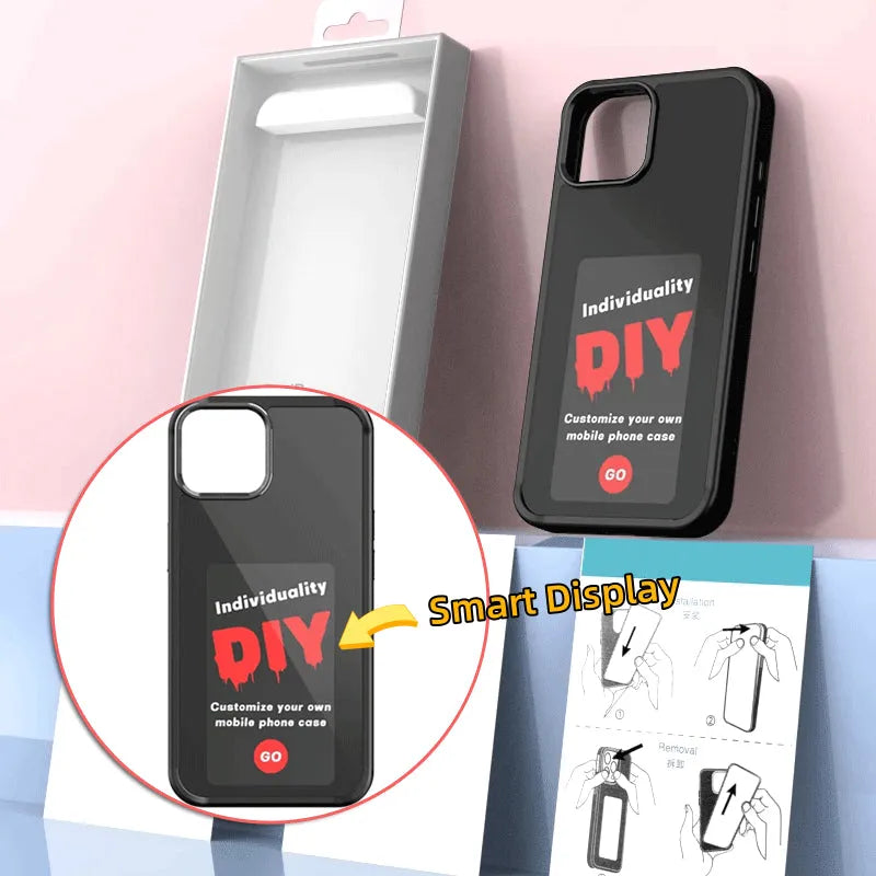 E-ink phone case for Apple iPhone with NFC screen projection displayed in black TPU, showing a custom image on the e-ink screen