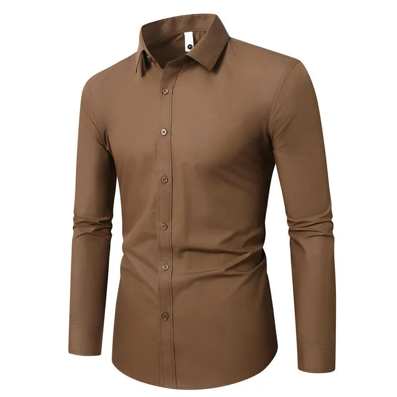 Man wearing a loose-fit light grey linen long-sleeve shirt, casual slim style.