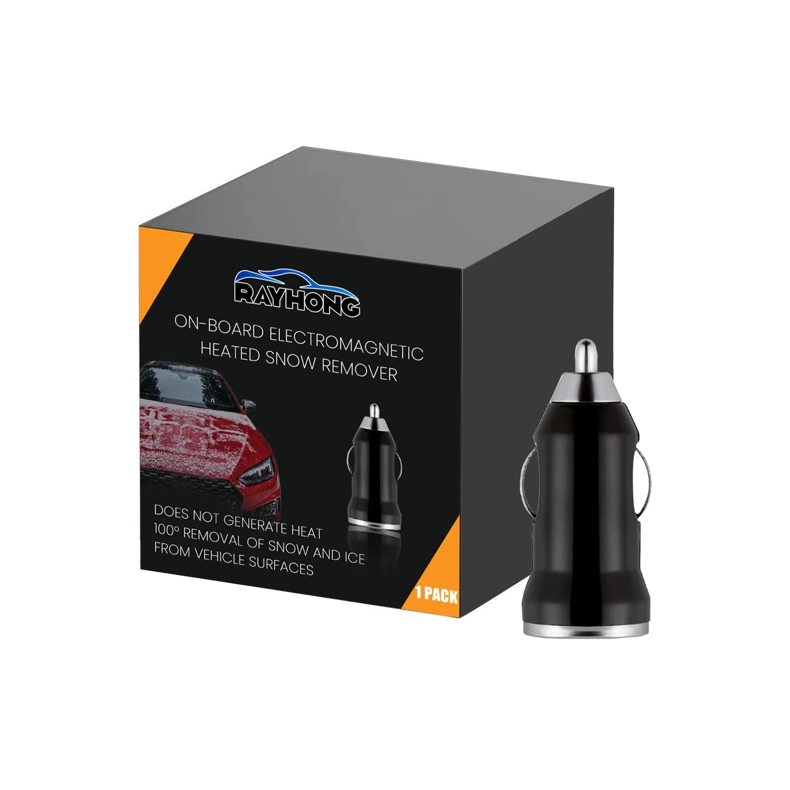 Compact black car deicer and portable charger with built-in shovel handle for windscreen scraping