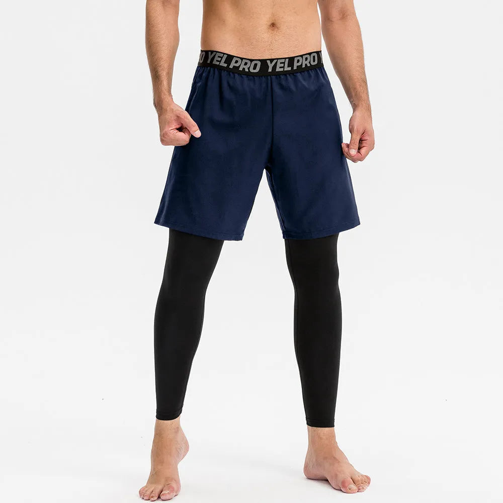 Men's grey quick-drying high elastic tight pants for running and fitness training.