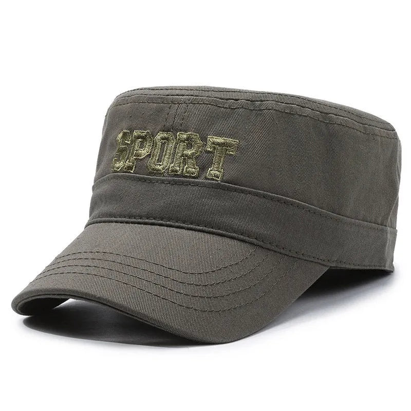 Men's flat-top peaked cap in cotton, shown in army green colour with an adjustable strap.