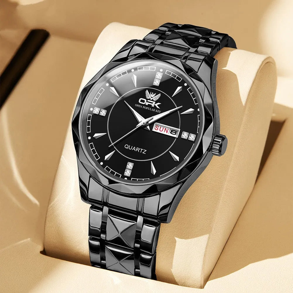 Round stainless steel men's watch with double calendar display on white background