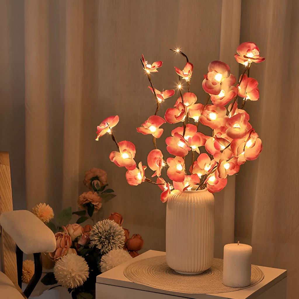 Pink LED phalaenopsis branch light with fabric flower, 65cm length, battery operated with warm glow