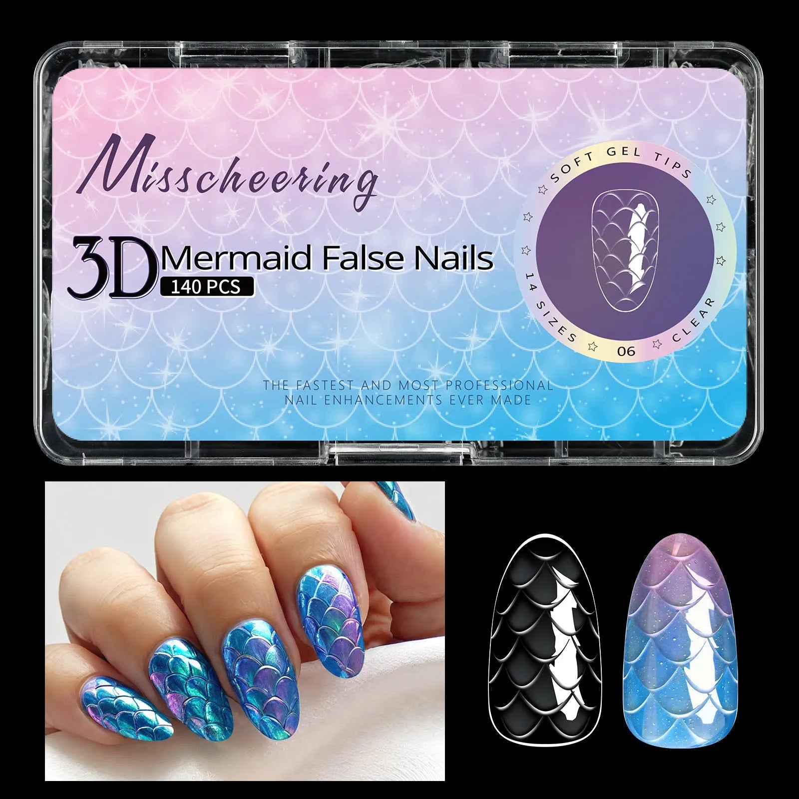 Pack of 3D Scale Long Shaping Nail Tips showing textured surface, labelled with Frigate Box variant code.