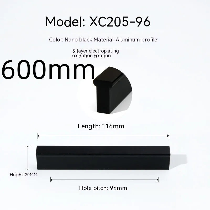 Aluminium alloy one-word cabinet door handle in nano black anodic oxidation finish with visible screw holes