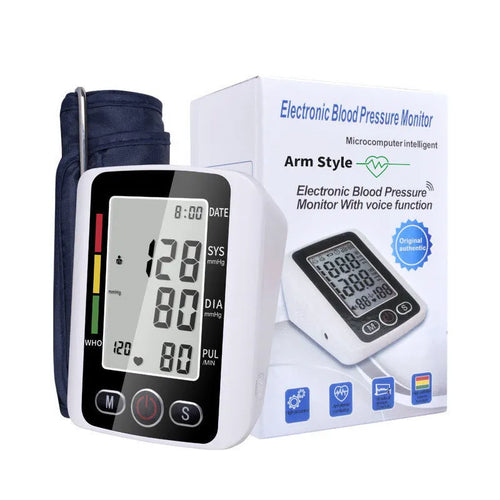 Automatic electronic arm blood pressure monitor with large LCD screen and black cuff.