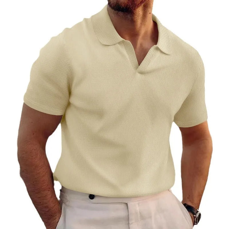 Men's black waffle fabric lapel t-shirt with short sleeves in slim fit