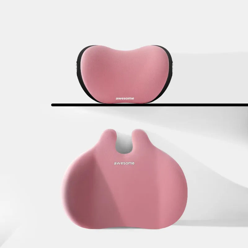 Car headrest and lumbar support pillow set in cloth material, shown in available colours.