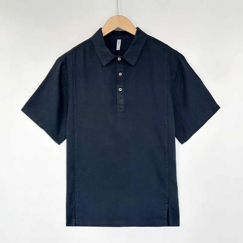 Men's linen summer top with thin lapels and short sleeves in loose-fitting style