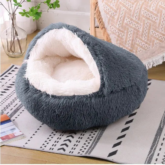 Semi-enclosed cat litter box in crystal velvet fabric, gentleman gray colour, 40cm diameter