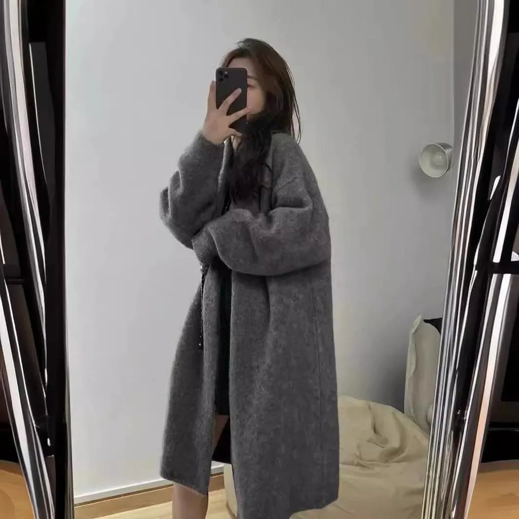 Women's mid-length knitted cardigan V-neck thickened loose fit long sleeve polyester coat in khaki