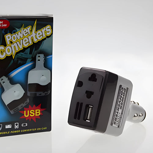 Car power adapter converts cigarette lighter to 220V USB charging with wireless capability