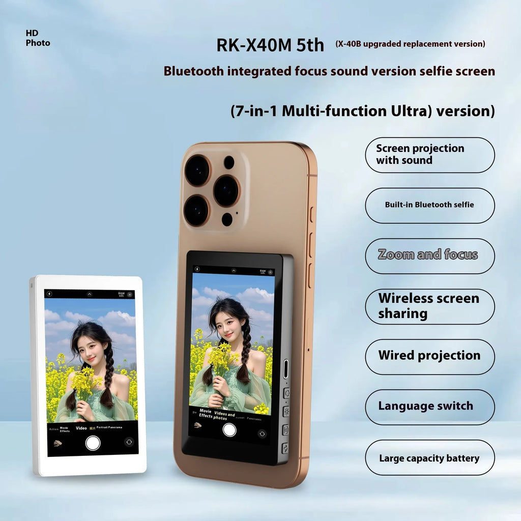 Black magnetic phone rear projector showing 103.48mm HD display screen with wireless connectivity ports