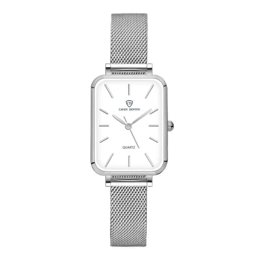 Women's waterproof quartz watch with 34mm alloy case and woven steel strap in rose gold or silver