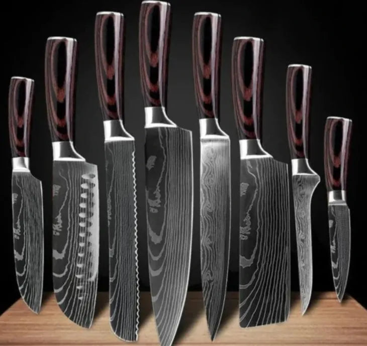 7Cr17 stainless steel kitchen knife with laser Damascus pattern blade and coloured wood handle