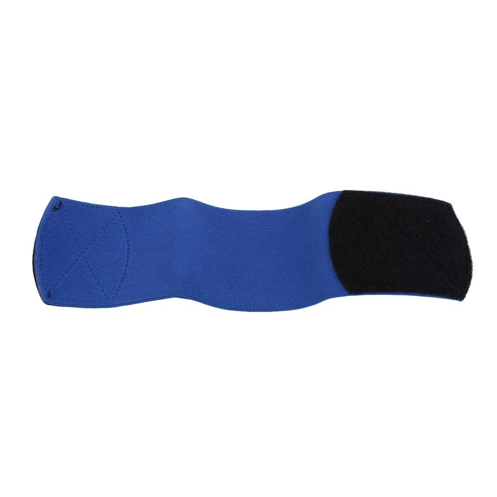 Football shin guard magic tape belt in red, blue, black, or white colours showing rubber strap measuring 25x6.5cm