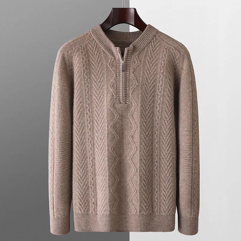 Men's pure wool diamond lattice pattern half-zip loose fit sweater in light camel colour