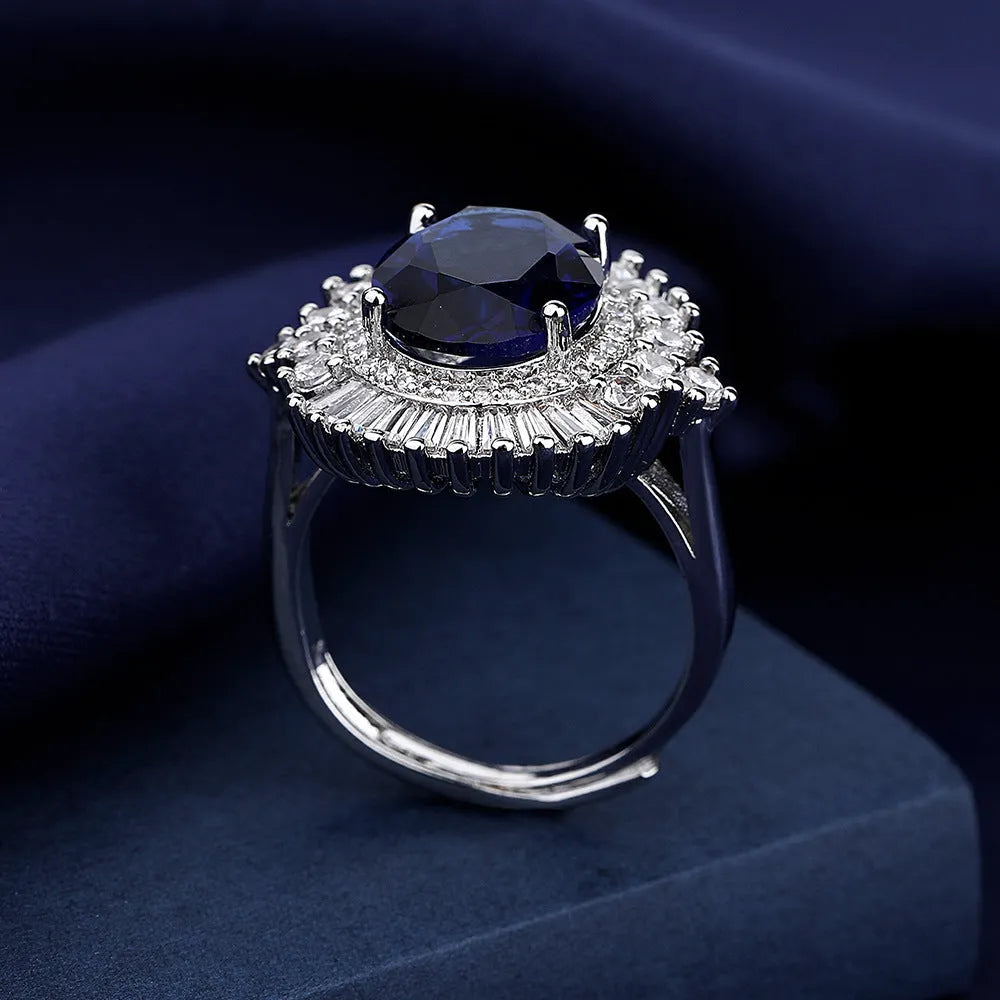 Sea blue heart square full diamond crown ring with white gold electroplated finish on copper base