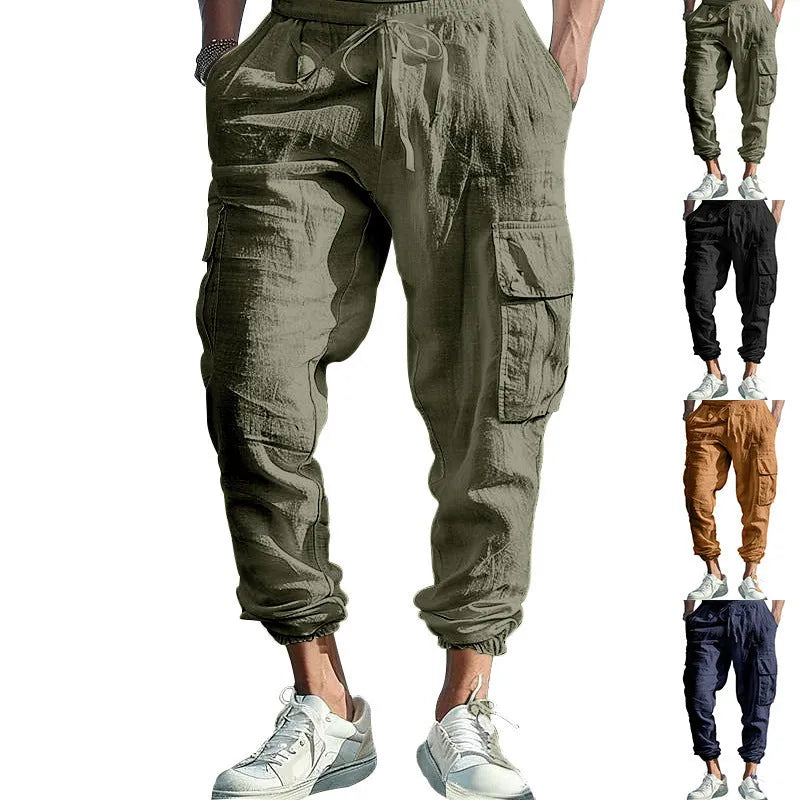 Men's casual linen trousers in solid colour with ankle ties and multiple pockets, loose fit, drawstring waist.