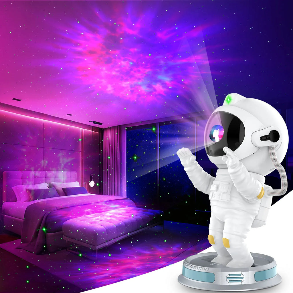 White Exit Astronaut Starlight Projection Lamp with USB cable and remote control on a table, projecting a blue starry light effect