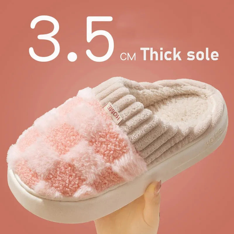 Women's plaid plush slippers with anti-slip PVC sole and round toe design