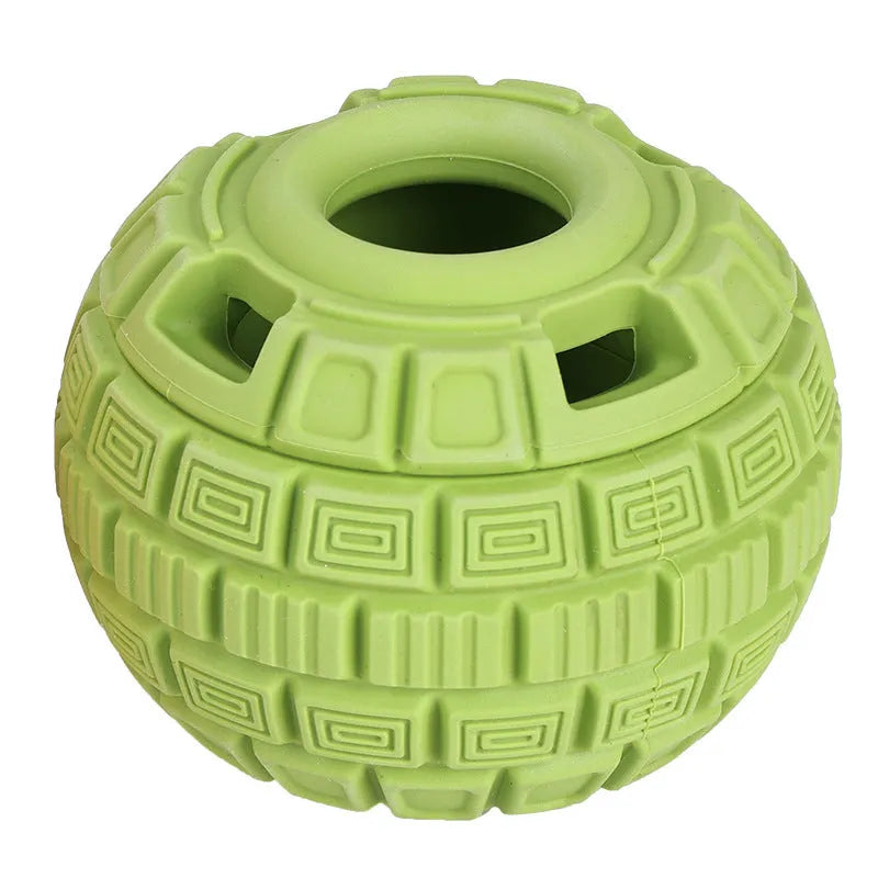 Green natural rubber food dropping ball dog toy with dispensing holes
