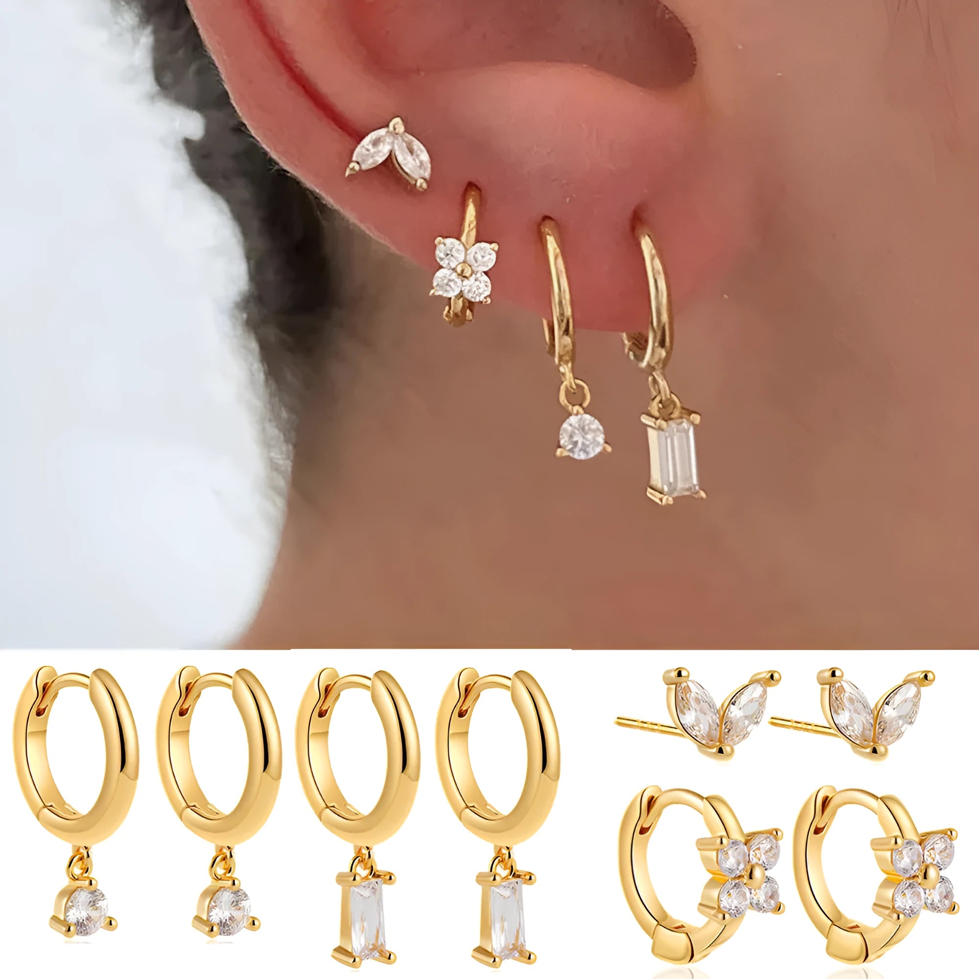 Geometric square zircon earrings set with star designs in gold or silver colours