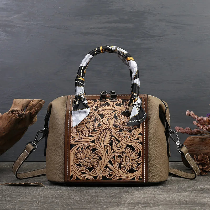 Genuine cowhide leather vintage-style messenger bag in horizontal square shape on a model.