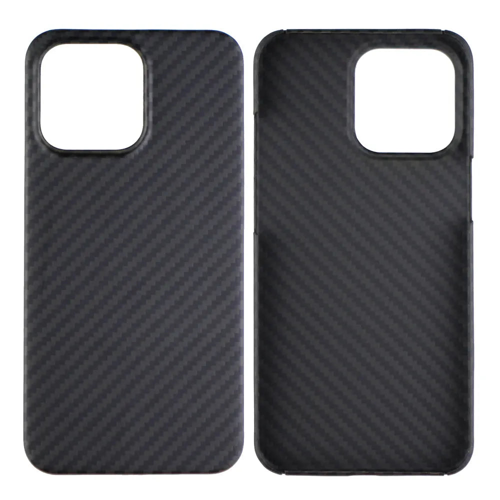 Matte black Kevlar fibre protective case for iPhone showing stripe detail and precise model fit