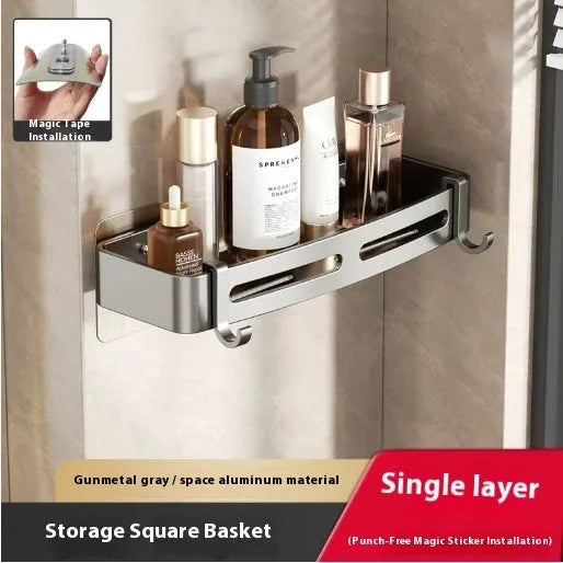 Gun grey punch-free wall-mounted bathroom corner storage rack with fan-shaped design