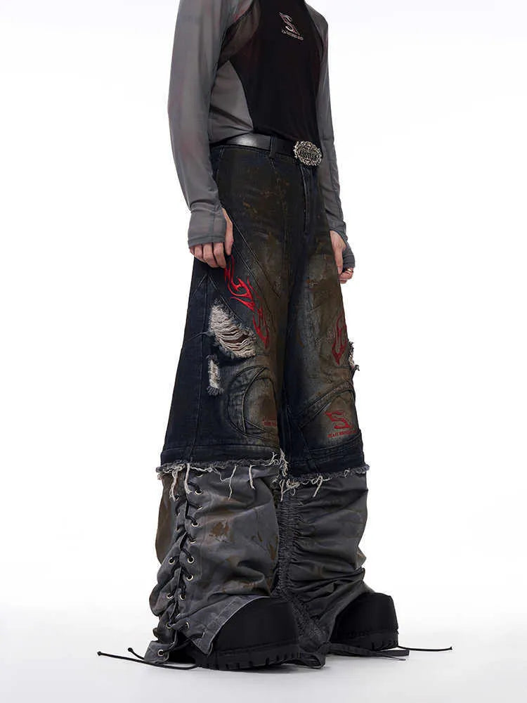 Men's retro jeans with detachable legs showing wide leg design and mid-high waist