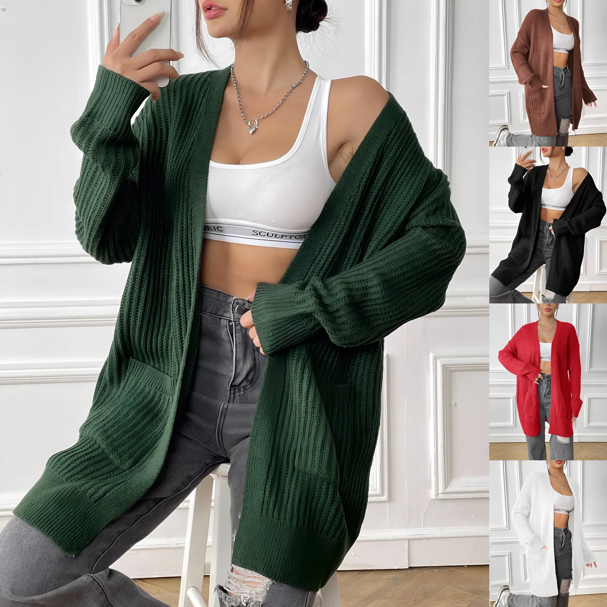 Women's acrylic sweater cardigan in loose street style with 65cm length